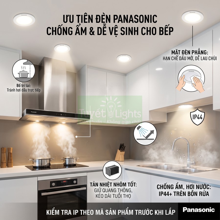 Đèn âm trần Panasonic chống ẩm lắp trong bếp hiện đại, chiếu sáng khu vực nấu ăn và bồn rửa