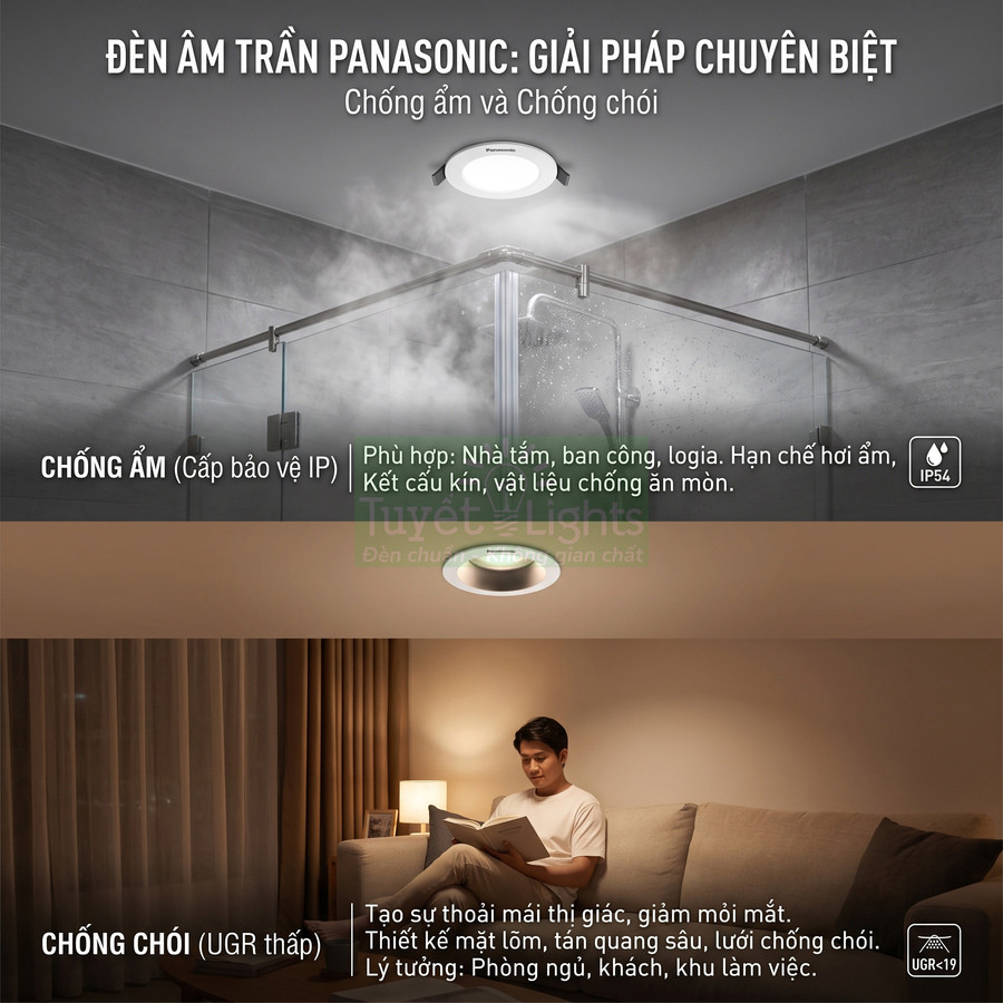Đèn âm trần Panasonic chống ẩm chống chói lắp phòng tắm và phòng khách, ánh sáng dịu mắt