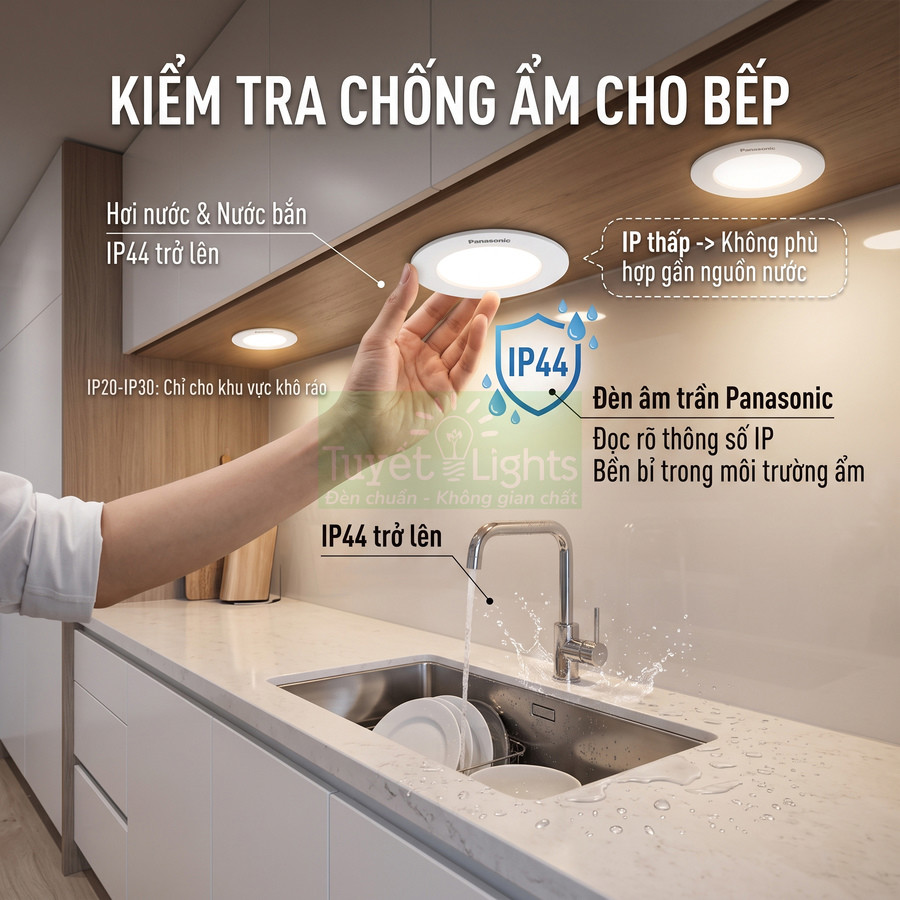 Đèn âm trần Panasonic IP44 chống ẩm lắp trên tủ bếp phía trên bồn rửa chén đang xả nước
