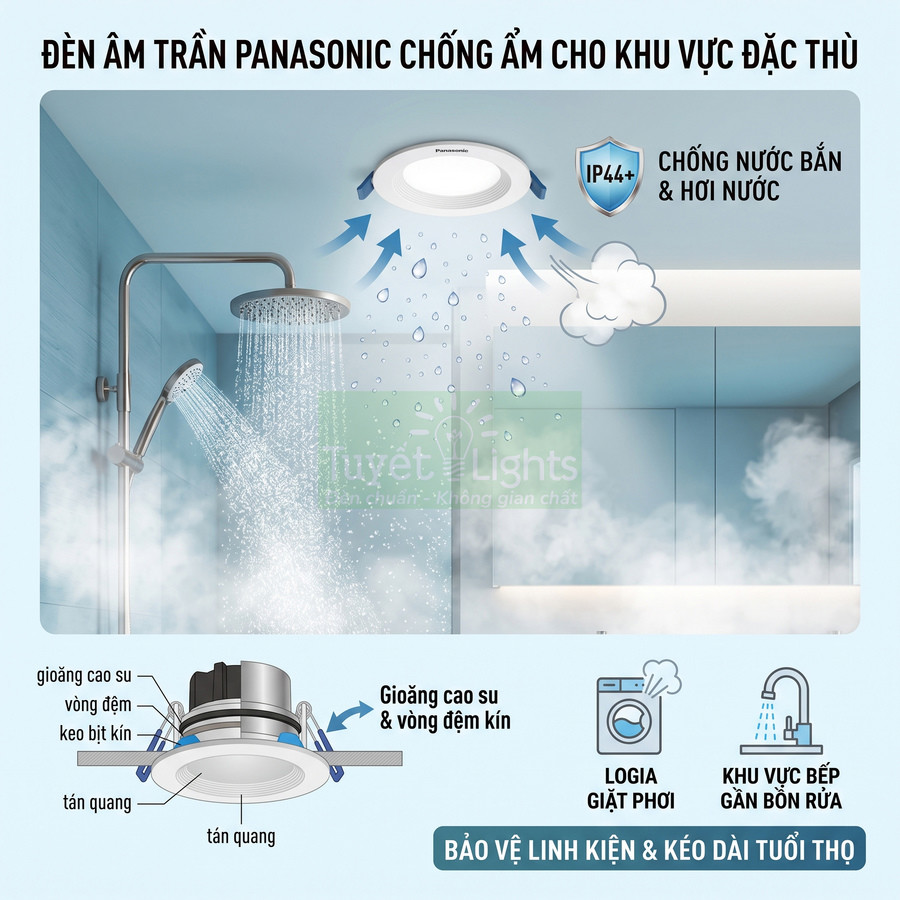 Đèn âm trần Panasonic chống ẩm IP44 lắp trong phòng tắm chịu nước bắn và hơi ẩm