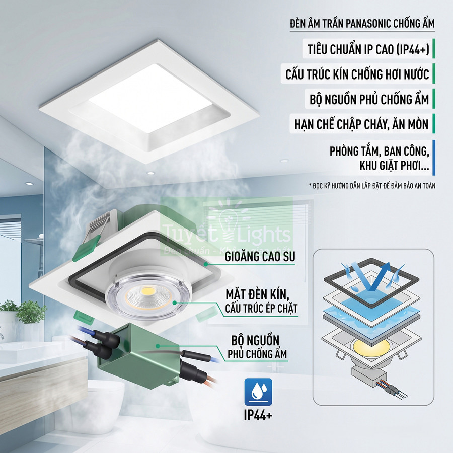 Đèn âm trần Panasonic chống ẩm IP44 lắp phòng tắm, cấu trúc kín chống nước và bộ nguồn phủ chống ẩm