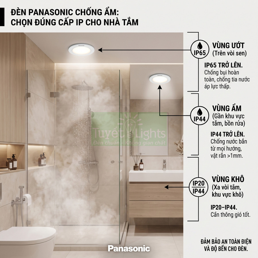 Đèn âm trần chống ẩm Panasonic lắp trong phòng tắm hiện đại với khu vực vòi sen kính và lavabo gỗ