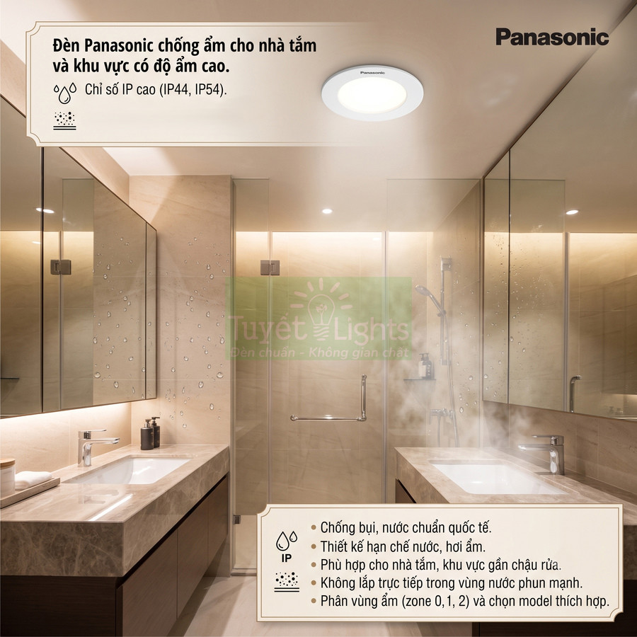 Đèn trần chống ẩm Panasonic lắp trong phòng tắm hiện đại có vòi sen và gương kính