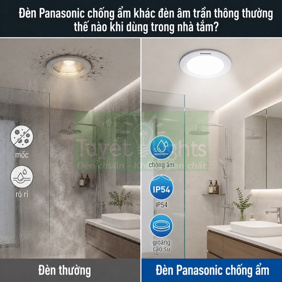 So sánh đèn âm trần thường và đèn Panasonic chống ẩm IP54 lắp trần phòng tắm hiện đại