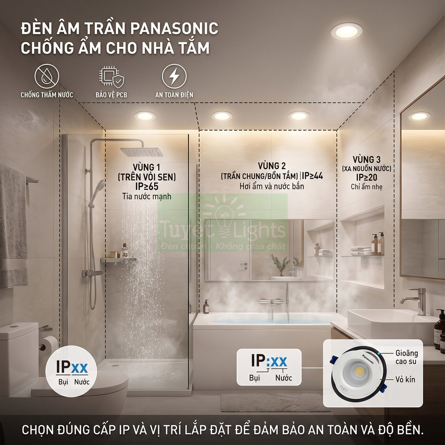 Đèn âm trần Panasonic chống ẩm lắp trong nhà tắm với các vùng IP chống nước an toàn