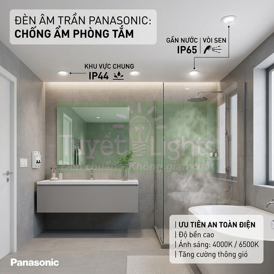 Đèn âm trần Panasonic chống ẩm lắp trong phòng tắm hiện đại với khu vực tắm kính và bồn tắm trắng