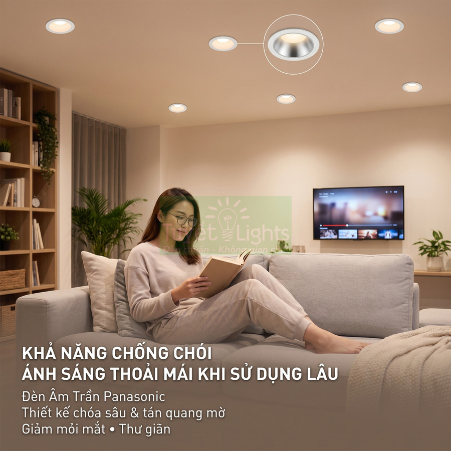 Đèn âm trần Panasonic ánh sáng dịu chống chói trong phòng khách, cô gái đọc sách thư giãn trên sofa