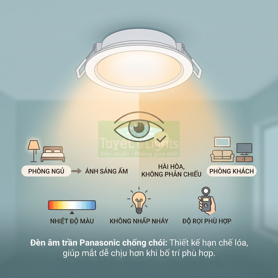 Đèn âm trần Panasonic chống chói, thiết kế ánh sáng dịu phù hợp cho phòng ngủ và phòng khách