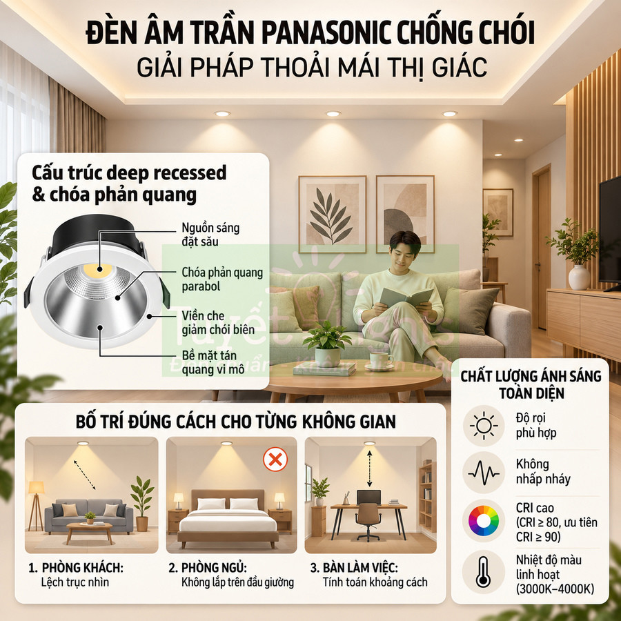 Đèn âm trần Panasonic chống chói lắp trong phòng khách hiện đại, ánh sáng ấm dễ chịu cho không gian sống
