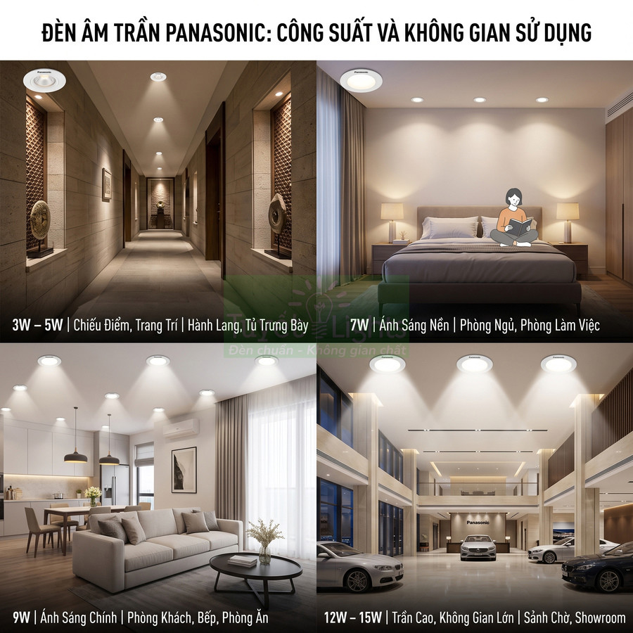Đèn âm trần Panasonic cho hành lang, phòng ngủ, phòng khách, trần cao showroom với các mức công suất khác nhau