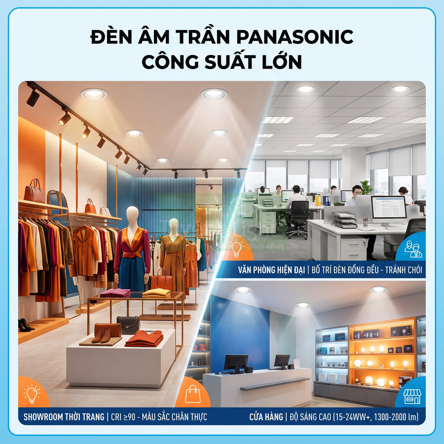 Đèn âm trần Panasonic công suất lớn chiếu sáng showroom thời trang, văn phòng hiện đại và cửa hàng trưng bày sản phẩm