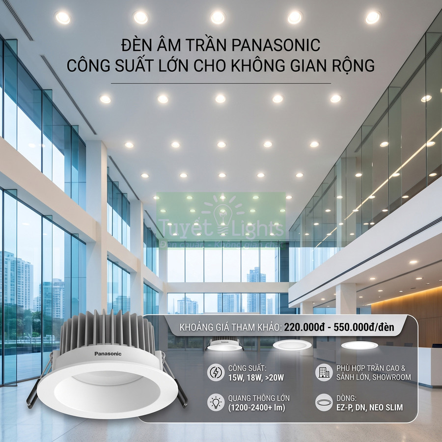 Đèn âm trần Panasonic công suất lớn cho sảnh tòa nhà, phù hợp trần cao và không gian rộng