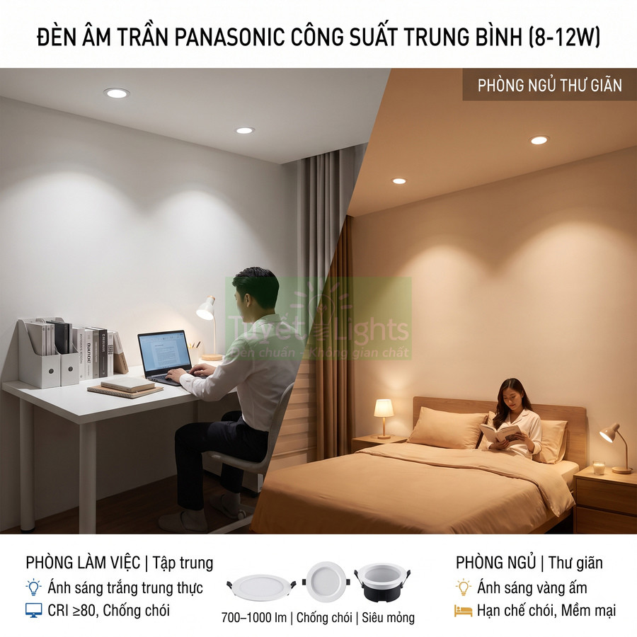 Đèn âm trần Panasonic công suất trung bình chiếu sáng phòng làm việc và phòng ngủ thư giãn