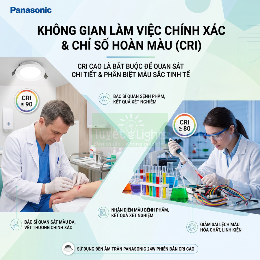 Đèn âm trần Panasonic CRI cao chiếu sáng phòng khám và phòng thí nghiệm giúp bác sĩ, kỹ thuật viên quan sát màu sắc chính xác