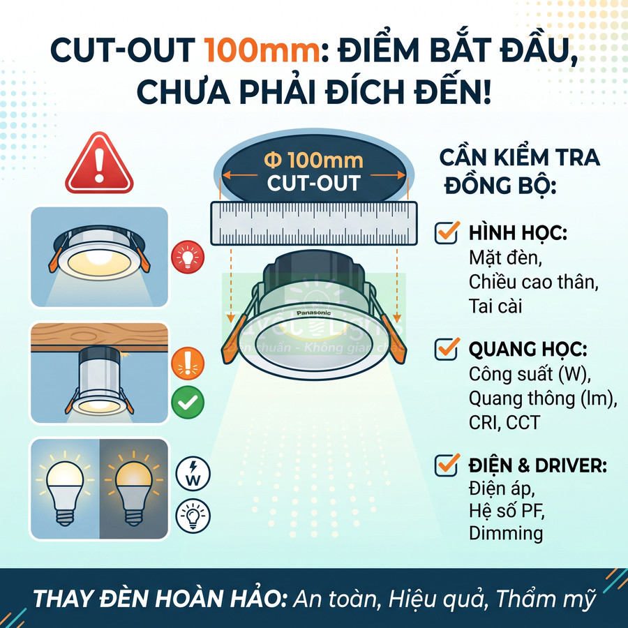 Đèn downlight âm trần Panasonic 100mm với hướng dẫn kiểm tra kích thước và thông số khi thay đèn