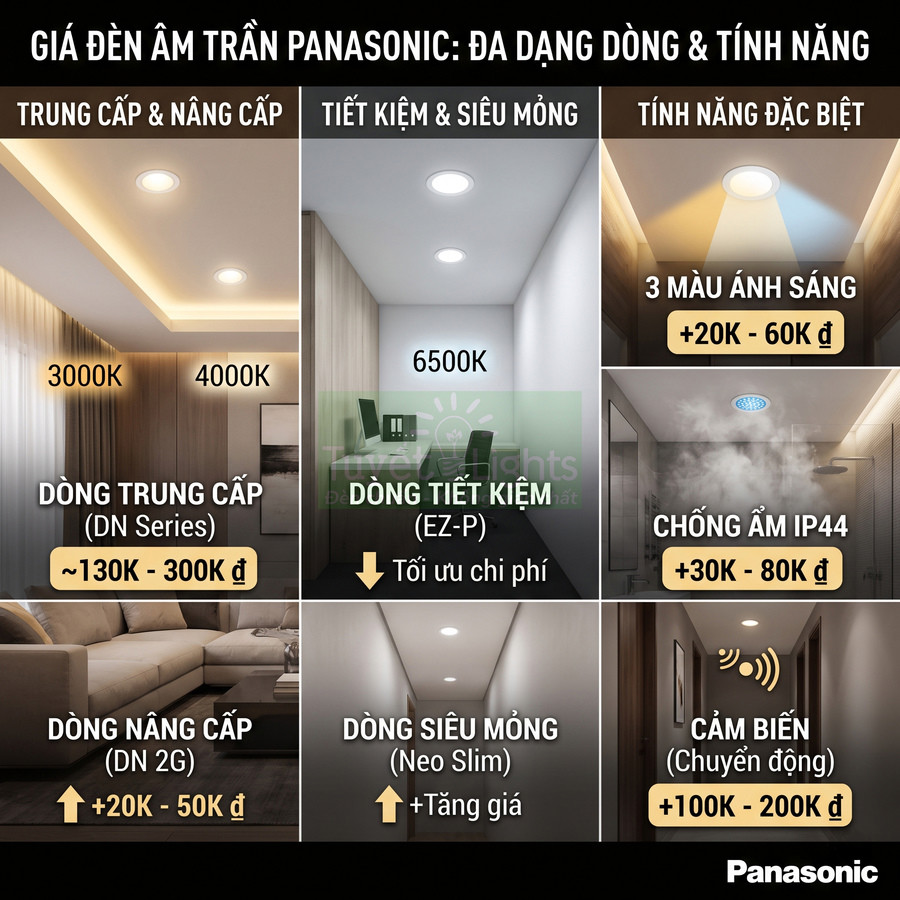 Đèn âm trần Panasonic nhiều dòng DN, EZ-P, Neo Slim với các mức công suất, nhiệt độ màu và tính năng cảm biến, chống ẩm