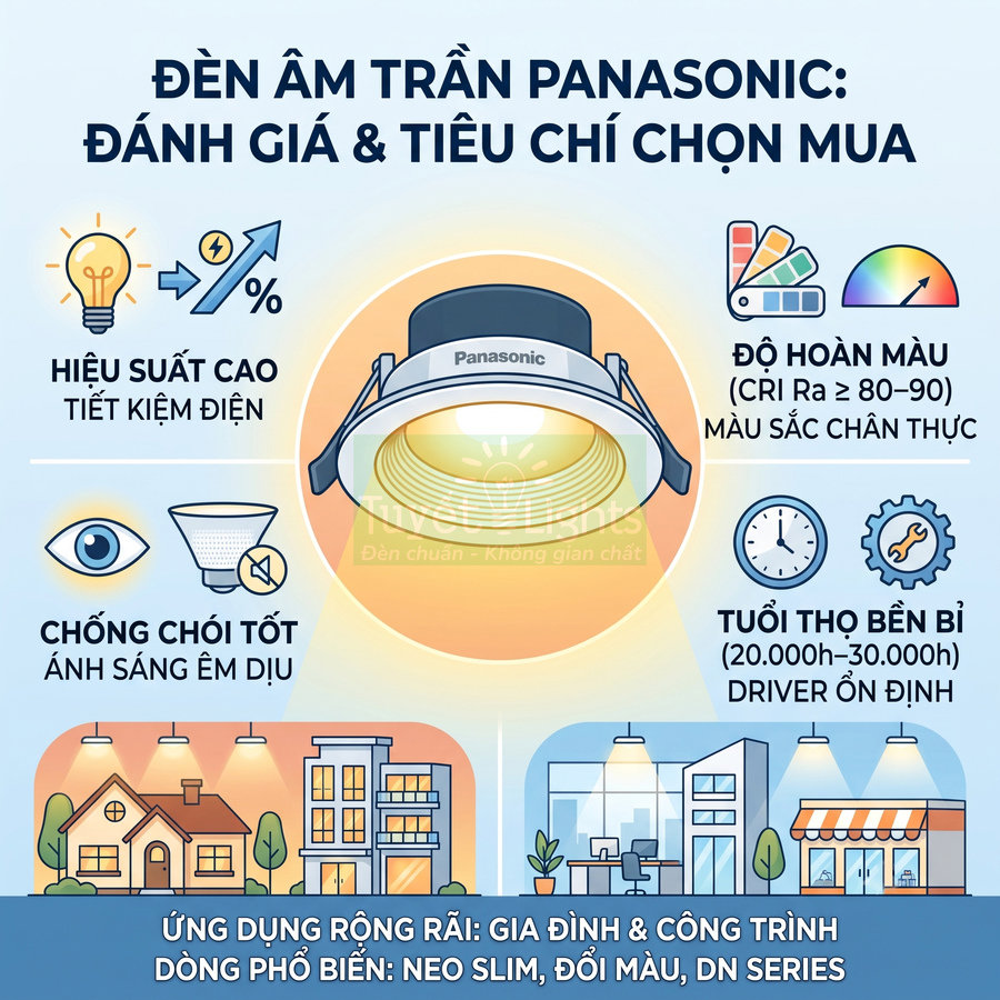Đèn âm trần Panasonic hiệu suất cao, chống chói, độ hoàn màu tốt, tuổi thọ bền cho gia đình và công trình