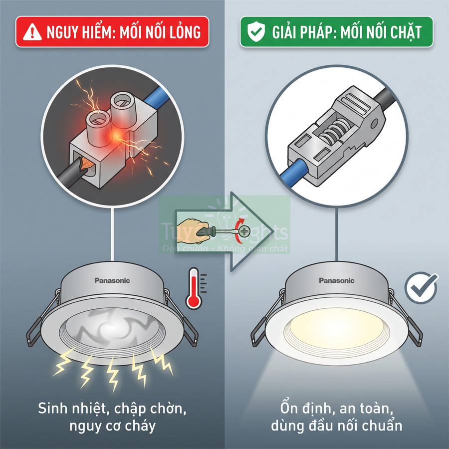Đèn âm trần Panasonic so sánh đầu nối điện lỏng gây chập cháy với đầu nối chặt an toàn ổn định