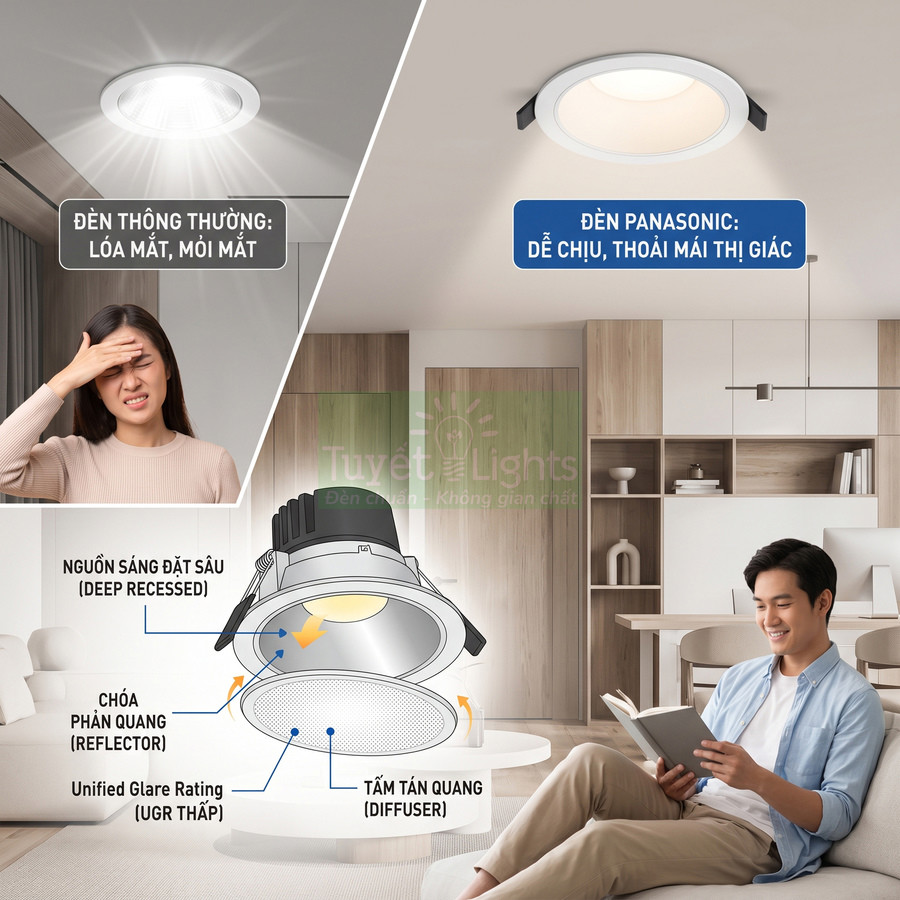 Đèn âm trần Panasonic ánh sáng dịu, chống chói, giúp đọc sách thoải mái trong phòng khách hiện đại