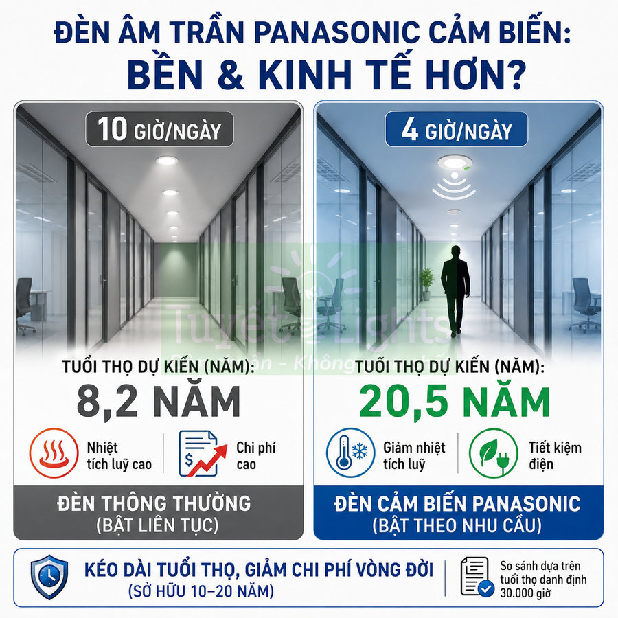 So sánh đèn âm trần thường và đèn âm trần cảm biến Panasonic về tuổi thọ và tiết kiệm điện trong văn phòng