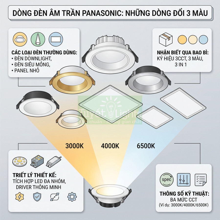 Đèn âm trần Panasonic đổi 3 màu với các mẫu downlight, đèn siêu mỏng và panel nhỏ, nhiệt màu 3000K 4000K 6500K