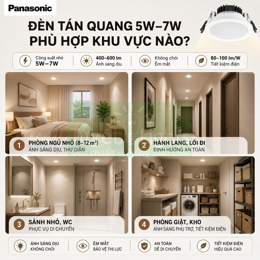 Đèn âm trần Panasonic 5W 7W chiếu sáng dịu cho phòng ngủ, hành lang, nhà vệ sinh và phòng giặt nhỏ