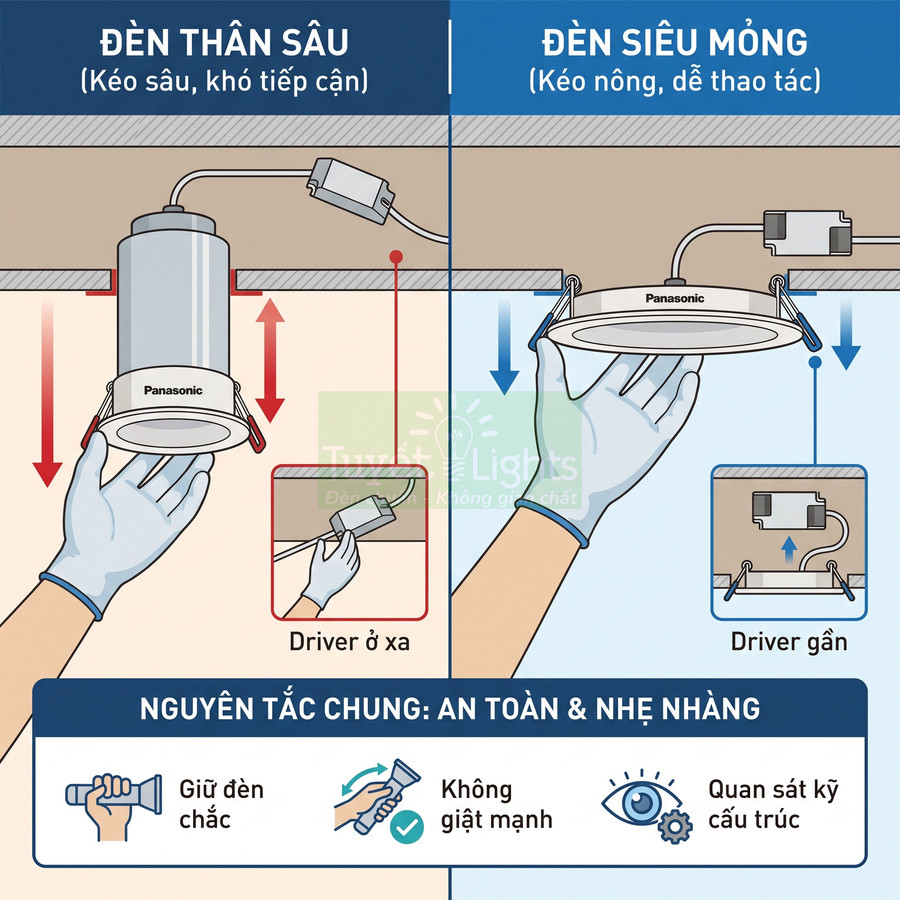 So sánh đèn âm trần Panasonic thân sâu và đèn siêu mỏng, minh họa cách lắp đặt an toàn