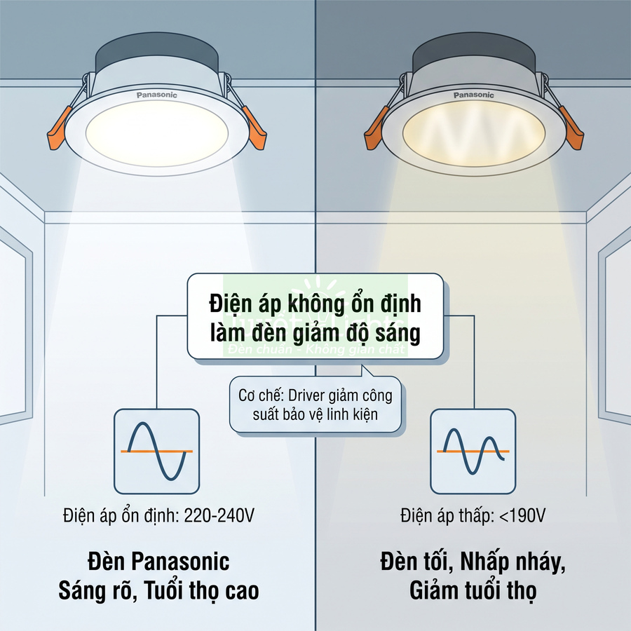 Đèn LED âm trần Panasonic sáng rõ so sánh với đèn mờ khi điện áp không ổn định