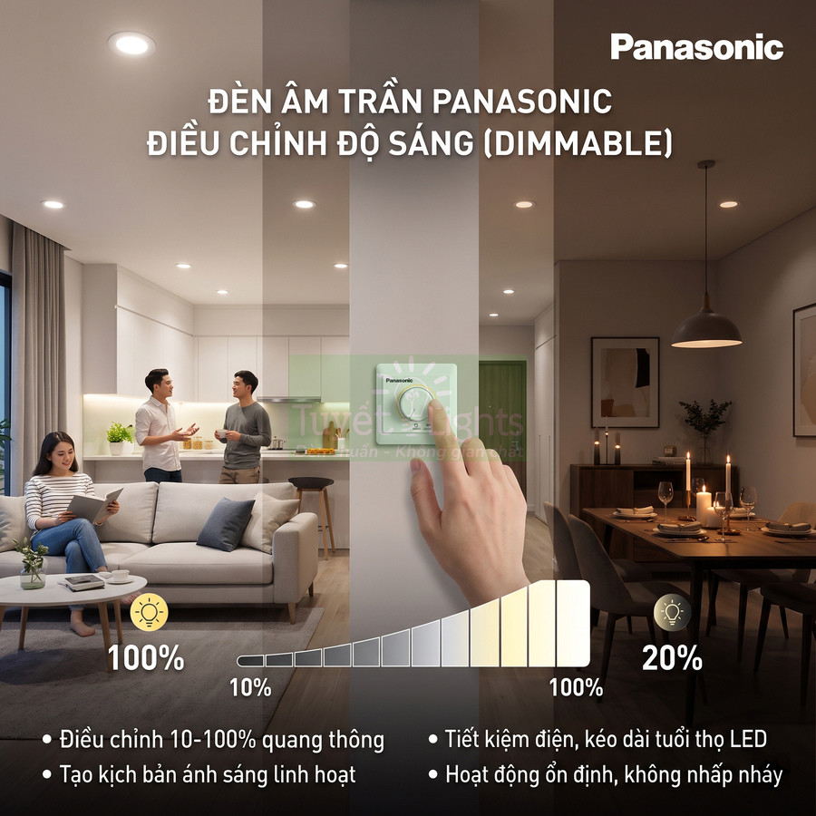 Đèn âm trần Panasonic dimmable điều chỉnh độ sáng linh hoạt cho không gian phòng khách và phòng ăn