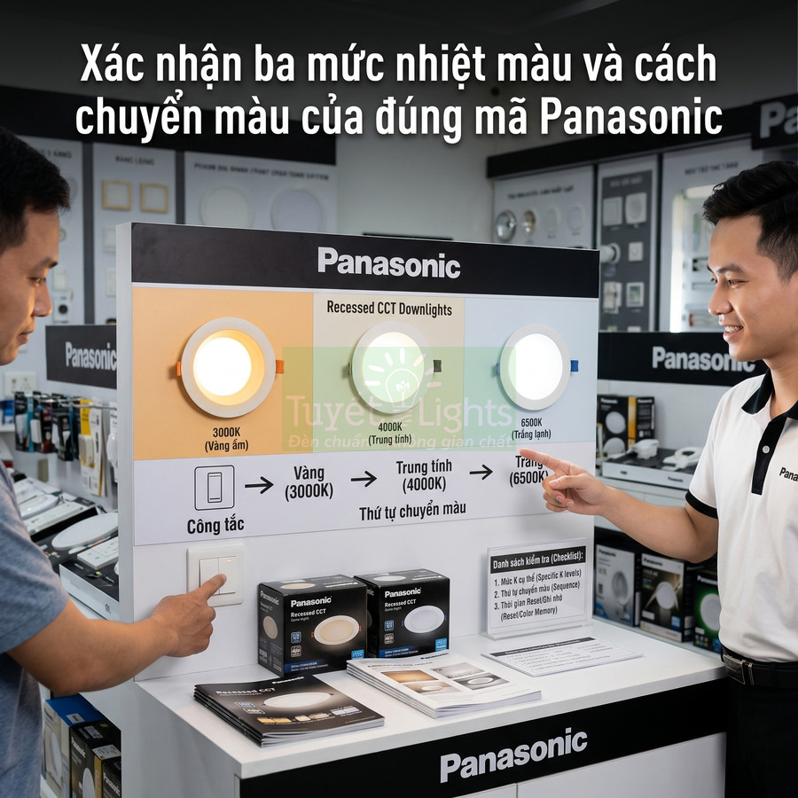 Nhân viên giới thiệu đèn downlight Panasonic đổi ba mức nhiệt màu 3000K 4000K 6500K trong showroom