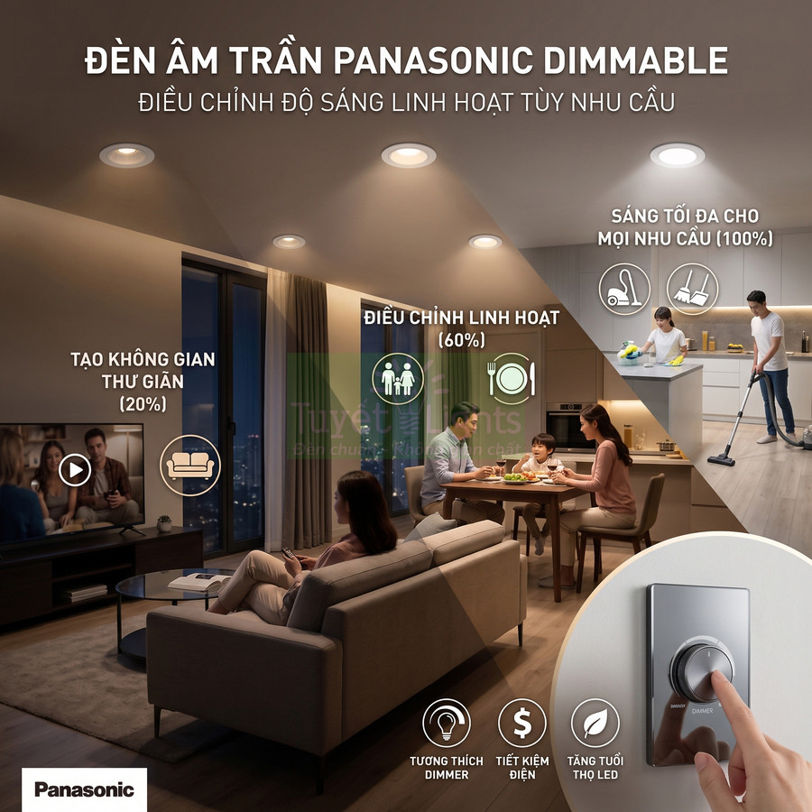 Đèn âm trần Panasonic dimmable chiếu sáng phòng khách và bếp, điều chỉnh độ sáng linh hoạt bằng công tắc dimmer