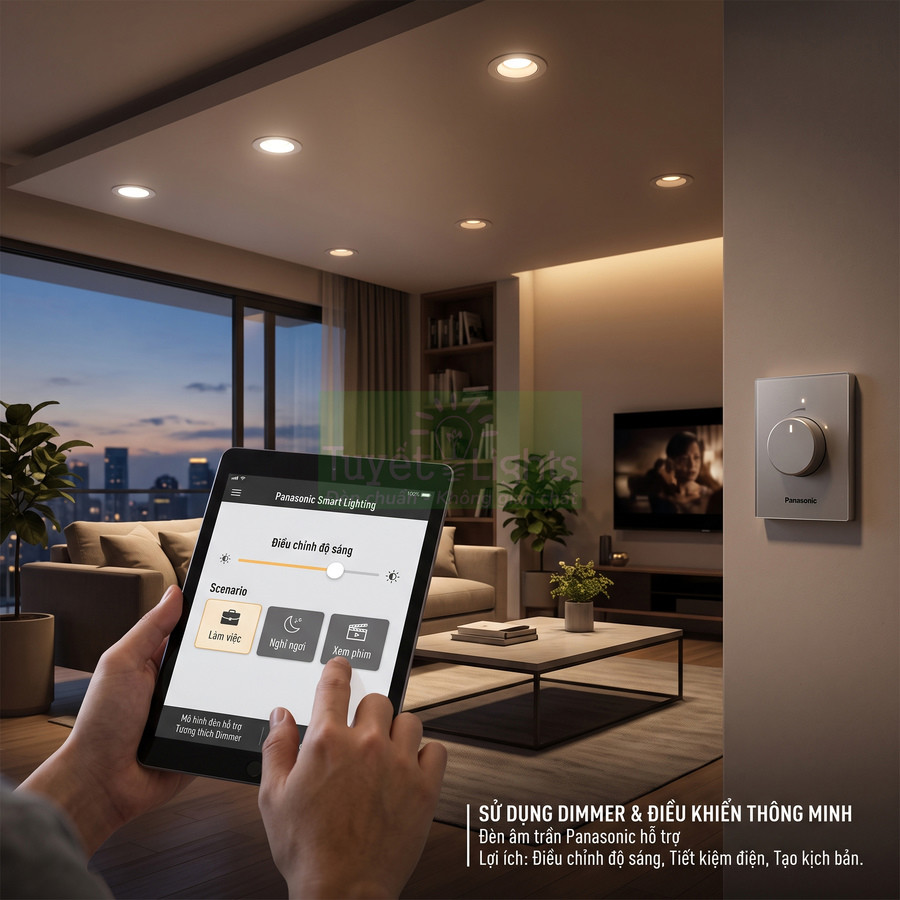 Điều khiển đèn âm trần Panasonic bằng dimmer và ứng dụng Panasonic Smart Lighting trong phòng khách hiện đại