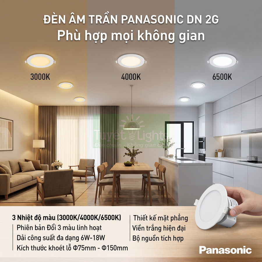 Đèn âm trần Panasonic DN 2G đổi 3 màu 3000K 4000K 6500K cho phòng khách và bếp hiện đại