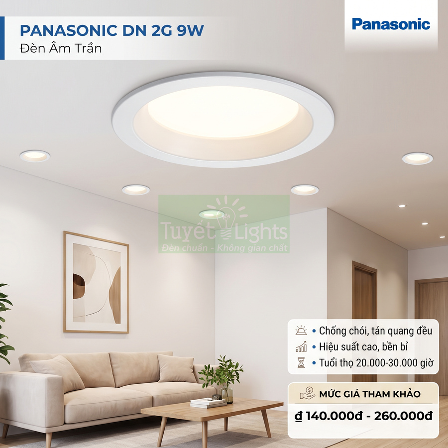 Đèn âm trần Panasonic DN 2G 9W chiếu sáng phòng khách hiện đại với ánh sáng dịu và đều