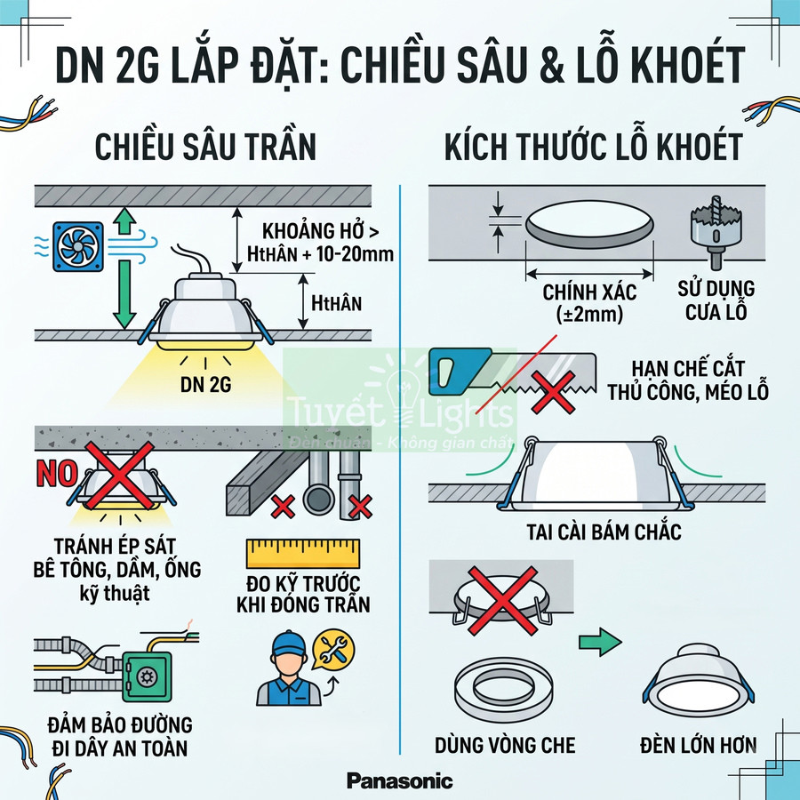 Hướng dẫn lắp đặt đèn âm trần Panasonic DN 2G với yêu cầu chiều sâu trần và kích thước lỗ khoét