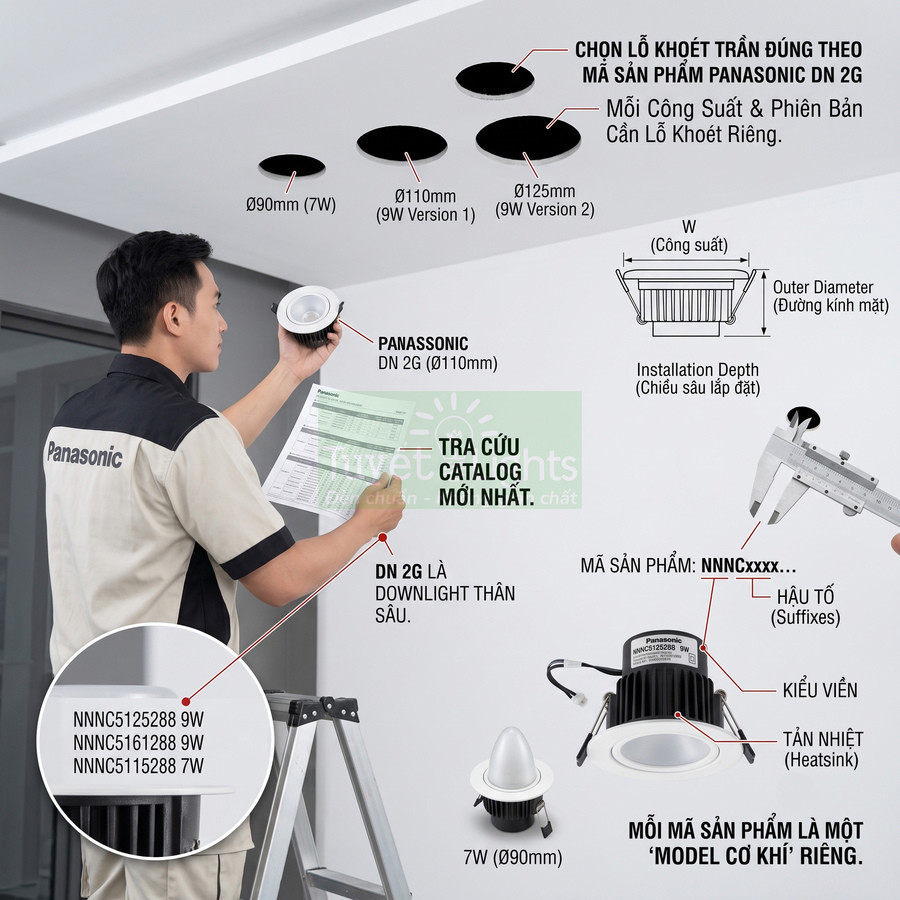 Kỹ thuật viên lắp đặt đèn downlight âm trần Panasonic DN 2G với các kích thước lỗ khoét khác nhau
