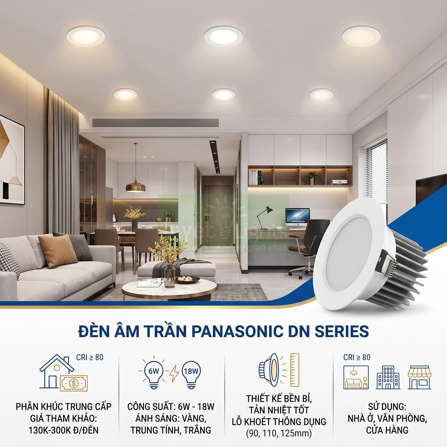 Đèn âm trần Panasonic DN Series lắp trong phòng khách hiện đại, ánh sáng vàng trung tính ấm áp