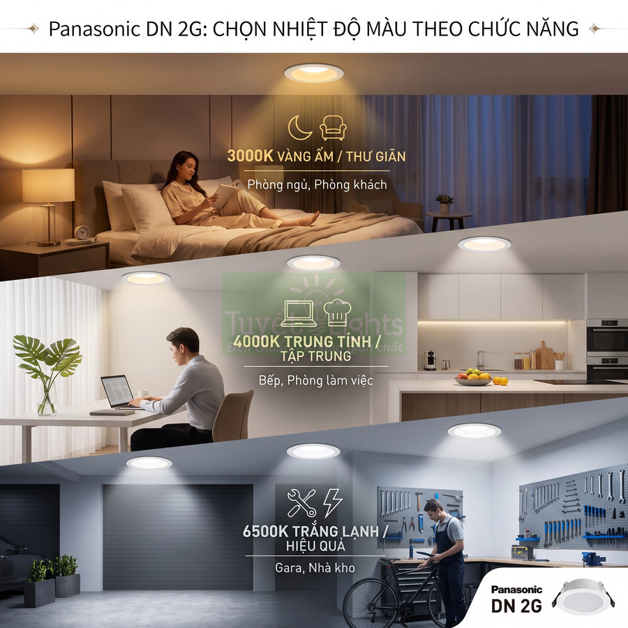Đèn downlight Panasonic DN 2G đổi màu 3000K 4000K 6500K cho phòng ngủ bếp gara và nhà kho