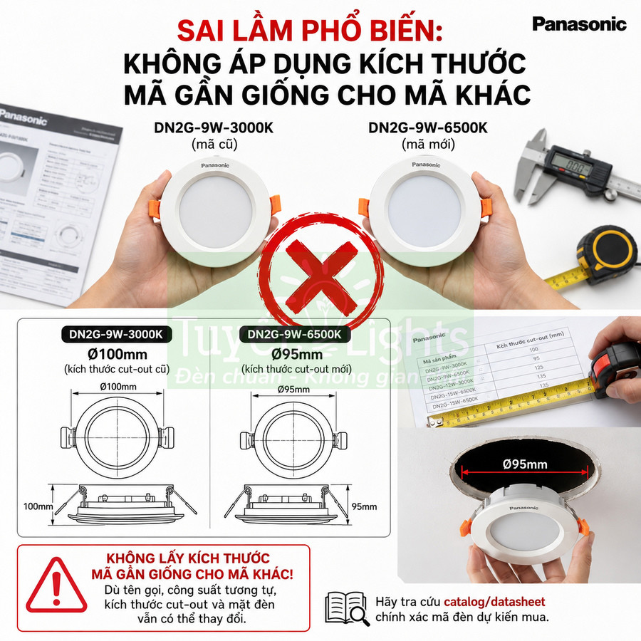 Đèn downlight âm trần Panasonic DN2G-9W so sánh kích thước lắp đặt mã cũ và mã mới