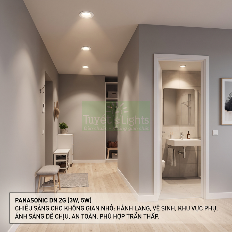Đèn âm trần Panasonic DN 2G chiếu sáng hành lang và nhà vệ sinh trần thấp, ánh sáng vàng dịu