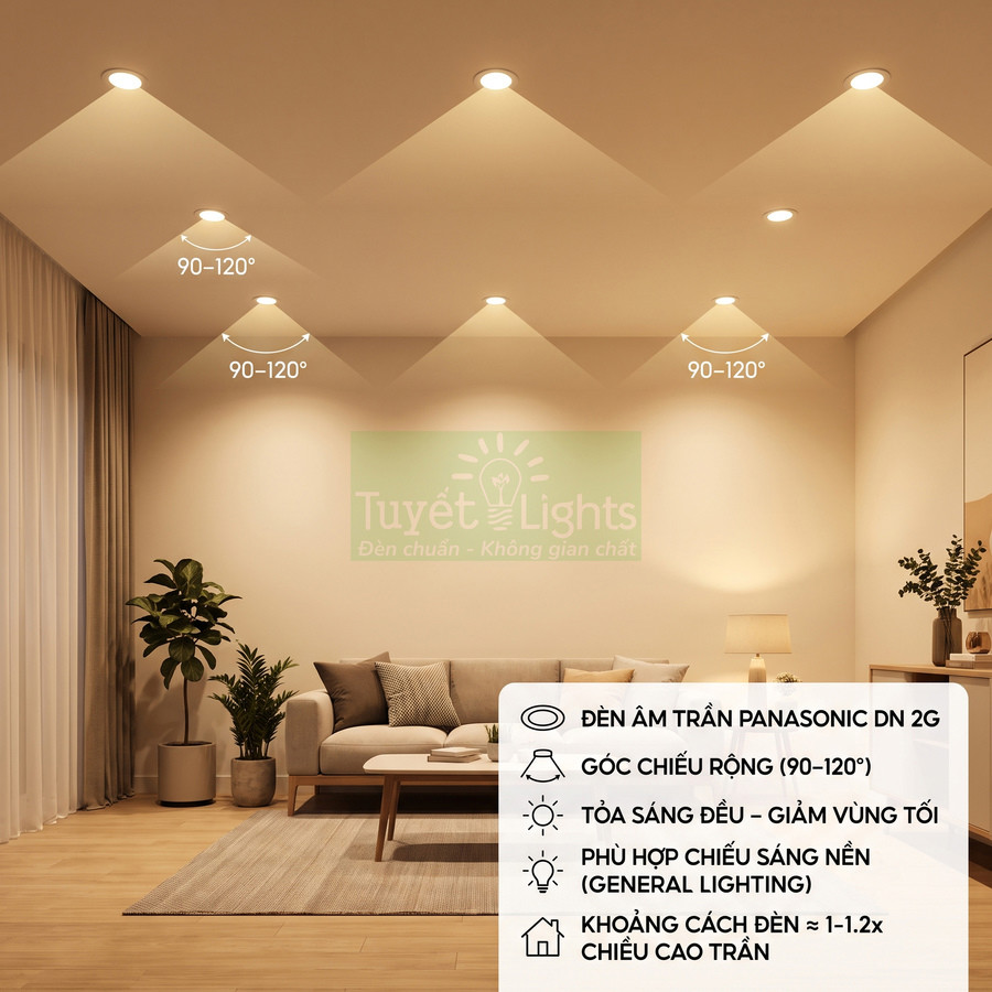 Đèn âm trần Panasonic DN 2G chiếu sáng phòng khách hiện đại với ánh sáng vàng dịu