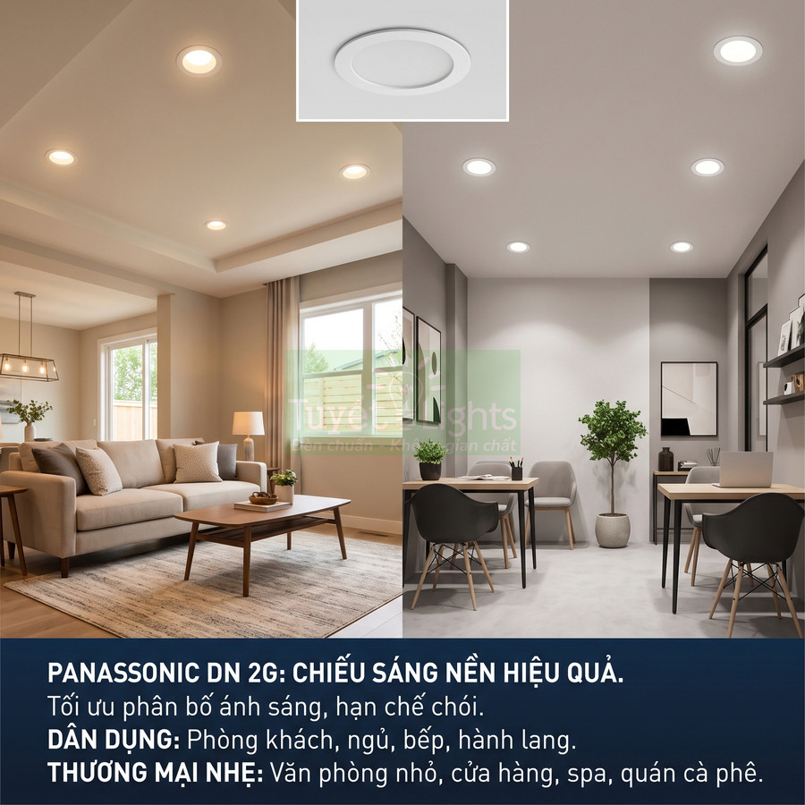 Đèn LED âm trần Panasonic DN 2G chiếu sáng phòng khách và văn phòng hiện đại, ánh sáng nền dịu mắt