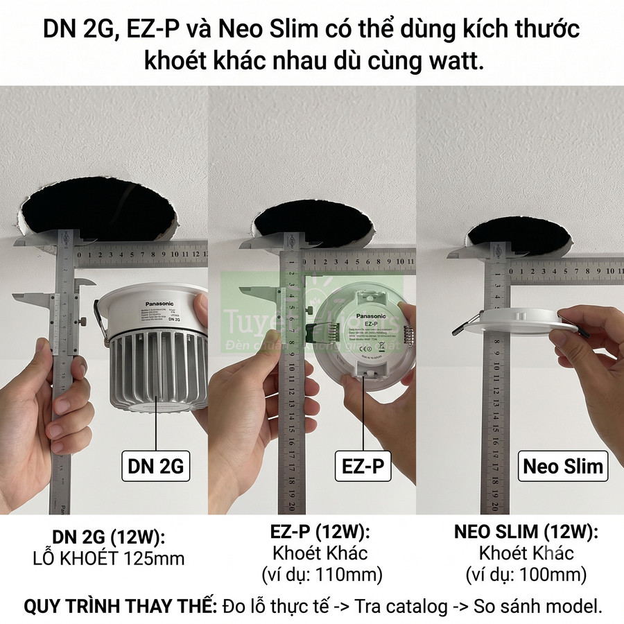 So sánh kích thước lỗ khoét đèn âm trần Panasonic DN 2G, EZ P và Neo Slim 12W trên trần nhà