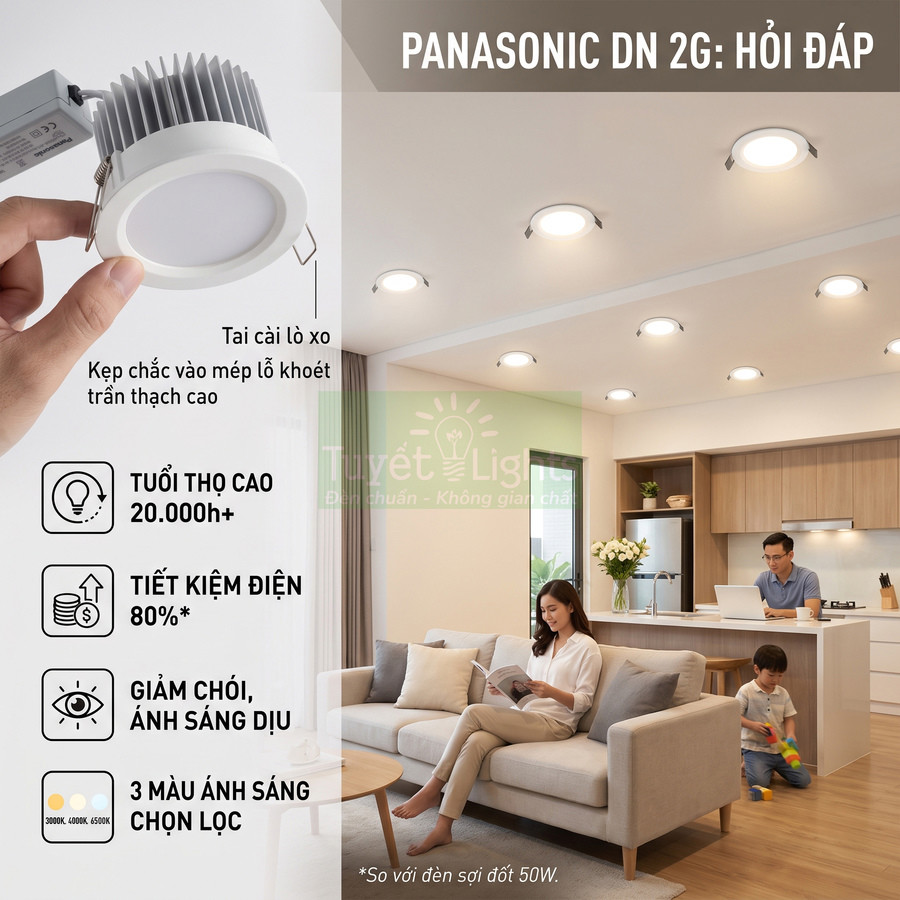 Đèn downlight âm trần Panasonic DN 2G lắp trong phòng khách bếp hiện đại, ánh sáng dịu, tiết kiệm điện
