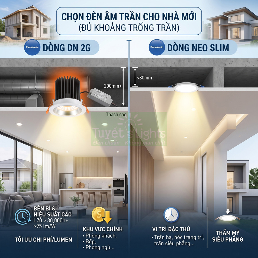 So sánh đèn âm trần Panasonic DN 2G và Neo Slim cho nhà mới với không gian phòng khách hiện đại