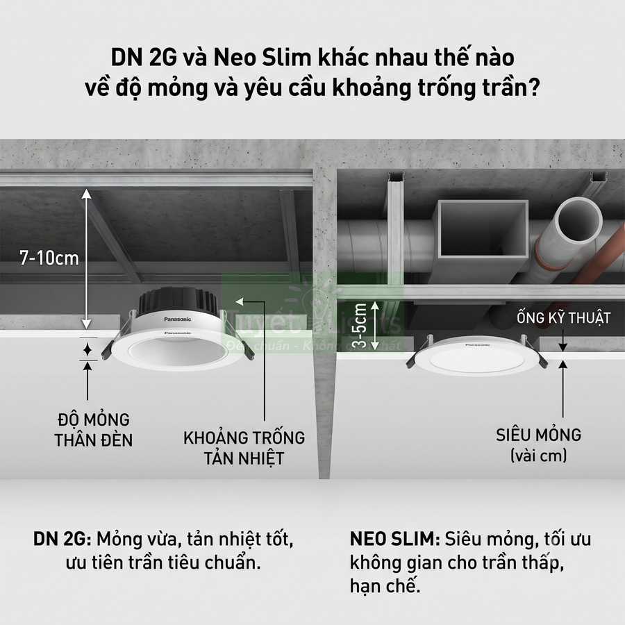So sánh đèn âm trần Panasonic DN 2G và Neo Slim về độ mỏng và yêu cầu khoảng trống trần
