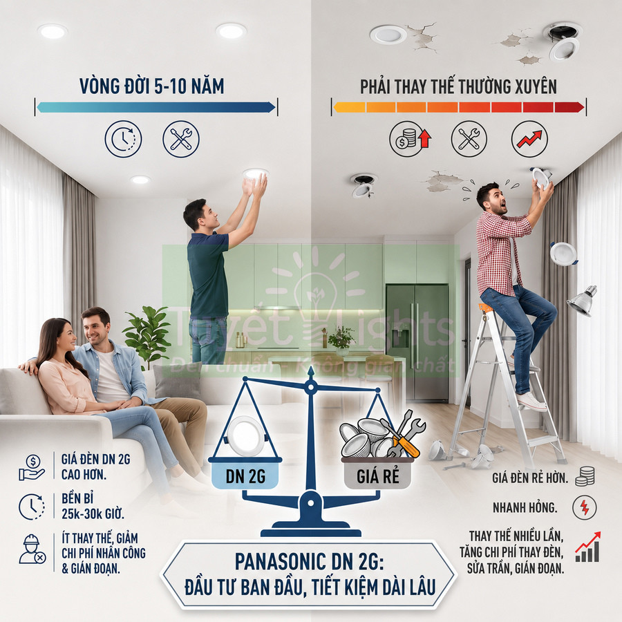 So sánh đèn âm trần Panasonic DN 2G bền 5 đến 10 năm với đèn giá rẻ phải thay thế thường xuyên