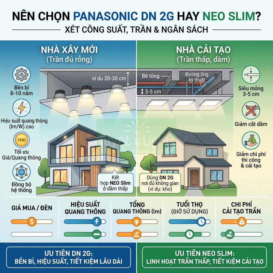 So sánh đèn âm trần Panasonic DN 2G và Neo Slim cho nhà xây mới và nhà cải tạo trần thấp