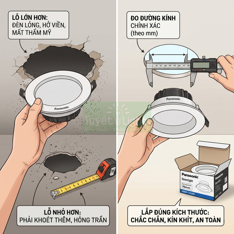 Đèn downlight âm trần Panasonic và hướng dẫn đo đường kính lỗ khoét trần để lắp đúng kích thước