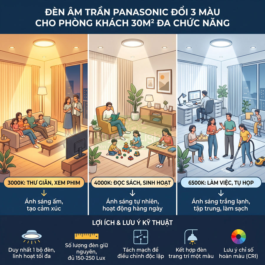 Đèn âm trần Panasonic đổi 3 màu cho phòng khách 30m2 với các chế độ ánh sáng thư giãn, sinh hoạt và làm việc